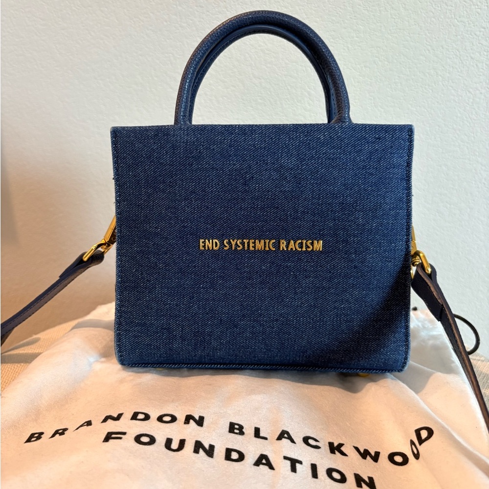 SOLD OUT-Brandon Blackwood “End Systemic Racism” Mini Tote-Denim w Gold Hardware